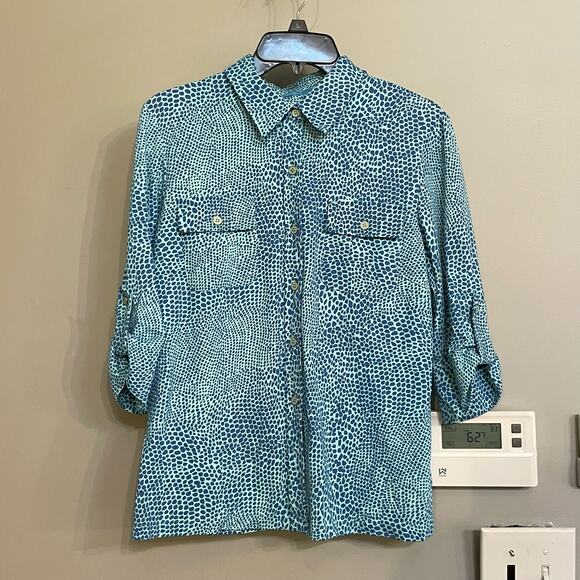 J McLaughlin Top Monroe Blue Leopard Print Catalina Button Down 3/4 Sleeve Sz L - Picture 1 of 6
